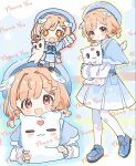  +_+ 1girl :d beret blue_capelet blue_hat blue_shoes blue_skirt blunt_bangs blush_stickers capelet chibi closed_mouth commentary_request commission dousanmai full_body hair_intakes hat head_wings heart heart-shaped_pupils holding holding_pillow indie_virtual_youtuber long_sleeves looking_at_viewer multiple_views official_alternate_costume open_mouth orange_hair pantyhose pillow pillowdear pillowdear_(school_uniform) piwwo_(pillowdear) red_eyes shirt shoes short_hair skeb_commission skirt sleeves_past_wrists smile standing symbol-shaped_pupils thank_you virtual_youtuber white_pantyhose white_shirt white_wings wings 