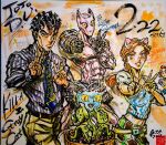  1girl 2boys 2others abs animal_ear_hairband animal_ears ashiya_kouhei black_eyes black_hair blue_necktie blue_sky cat_day cat_ear_hairband cat_ears checkered_clothes checkered_skirt commentary_request cropped_shirt dated diamond_wa_kudakenai double_v fake_animal_ears hairband highres jojo_no_kimyou_na_bouken kawajiri_hayato kawajiri_kosaku kawajiri_shinobu killer_queen kira_yoshikage marker_(medium) midriff midriff_peek multiple_boys multiple_others navel necktie orange_eyes orange_hair petals shirt skirt sky smile stand_(jojo) stray_cat_(jojo) striped_clothes striped_shirt traditional_media v vertical-striped_clothes vertical-striped_shirt 