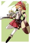  2girls armor belt blonde_hair blue_eyes boots border brown_belt brown_boots buckler chibi commentary_request fortress_(sekaiju) fortress_2_(sekaiju) green_background grin hair_between_eyes hammer headscarf highres hoku holding holding_hammer holding_shield multiple_girls open_mouth orange_hair outside_border pantyhose puffy_short_sleeves puffy_sleeves red_headscarf red_skirt scabbard sekaiju_no_meikyuu sekaiju_no_meikyuu_4 sheath shield short_sleeves skirt smile swordsman_(sekaiju_4) swordsman_4_(sekaiju_4) teeth upper_teeth_only v-shaped_eyebrows white_border white_pantyhose 