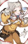  1girl :d animal_ears bag belt bow brown_bag brown_belt cat_ears cat_girl covered_navel cowboy_shot facial_mark fang gloves grey_hair highres jumpsuit long_sleeves looking_at_viewer nia_(xenoblade) open_mouth smile solo white_gloves xenoblade_chronicles_(series) xenoblade_chronicles_2 yagi_(kyuhyun) yellow_bow yellow_eyes yellow_jumpsuit 