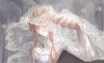  1girl arms_up breasts brooch cape cleavage clothing_cutout cnoc_na_riabh_(fate) commentary_request crown dress fate/grand_order fate_(series) gem green_gem highres indoors jewelry lace_trim long_sleeves medb_(fate) pink_hair see-through_clothes see-through_veil sidelocks solo suetumu_0 upper_body veil veil_lift white_cape white_dress white_veil yellow_eyes 