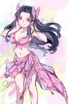 0shu_0v0 1girl adapted_costume bikini black_hair breasts butterfly_hair_ornament feet_out_of_frame floating_hair frilled_bikini frills hair_ornament hands_in_hair hands_up kimetsu_no_yaiba kochou_kanae long_hair looking_at_viewer navel pink_bikini pink_eyes purple_bikini purple_eyes signature smile solo standing swimsuit 