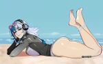  1girl ass bare_legs barefoot beach blue_eyeshadow blue_hair blue_lips blurry blurry_background breast_press breasts commentary day eyeshadow eyewear_on_head from_side grey_hair head_rest headphones highres legs legs_up long_hair looking_at_viewer luna_snow luna_snow_(cool_summer) lying makeup marvel marvel_rivals multicolored_hair on_stomach pomuya purple-tinted_eyewear purple_eyes rash_guard smile solo sunglasses swimsuit thick_thighs thighs tinted_eyewear 