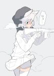  1girl animal_ears battle_rifle belt blue_eyes breath cat_ears cat_girl catulus_syndrome commentary_request cowboy_shot gloves grey_background grey_hood gun heterochromia highres holding holding_gun holding_weapon hood hood_up howa_type_64 koma_kitsune_(kururito) long_hair looking_afar rifle shirakaba_yuki short_hair shorts shorts_under_skirt skirt solo thighhighs trigger_discipline unfinished weapon white_belt white_gloves white_hair white_shorts white_skirt white_thighhighs yellow_eyes 
