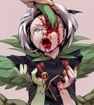  1boy armor baldur_(sekaiju) black_armor blood blood_from_eyes blood_from_mouth blood_on_hand bright_pupils brown_background colored_skin commentary_request crying crying_with_eyes_open eye_injury fingernails green_skin grey_hair guro hands_up multicolored_hair open_mouth pauldrons purple_eyes red_hair sekaiju_no_meikyuu sekaiju_no_meikyuu_4 short_hair shoulder_armor simple_background solo_focus streaked_hair suiyoku_no_jukou_(sekaiju) suno_(imydream) tears teeth tongue upper_body upper_teeth_only white_pupils 