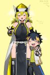  1boy 1girl age_difference black_hair black_thighhighs blonde_hair breasts commentary_request detached_sleeves hair_between_eyes hands_on_another's_hips height_difference helmet highres itoryo ki-chan_(itoriyo) large_breasts low_twintails nakamura_yuuto onee-shota pelvic_curtain raisei_no_ryuu_tsukai simple_background thighhighs twintails v winged_helmet yellow_background yellow_eyes 