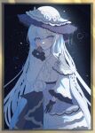  1girl absurdres black_gloves blue_eyes capelet center_frills colored_eyelashes commentary cowboy_shot crydel dress flower frilled_capelet frilled_dress frilled_sleeves frills gloves gold_border hat hat_flower highres layered_dress long_hair long_sleeves looking_at_viewer mahou_shoujo_no_majo_saiban neck_ribbon picture_frame ribbon smile solo spoilers tsukishiro_yuki untranslatable_commentary white_capelet white_dress white_hair white_hat wide_sleeves 
