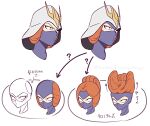  1girl ? arrow_(symbol) artist_name cheekbones commentary_request cropped_head diagram gundam helmet kycilia_zabi mask mobile_suit_gundam mouth_mask multiple_views nemokenogonge orange_hair purple_mask signature translation_request tsurime twitter_username updo white_background zeon 
