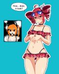  2girls a.i._voice adachi_rei ahoge aqua_background bikini black_choker blush breasts choker commentary cowboy_shot drill_hair english_commentary english_text eyewear_on_head highres kasane_teto kasane_teto_(sv) medium_hair multiple_girls n0_image navel outline own_hands_together red_bikini red_eyes red_hair ruffle_bikini sidelocks simple_background small_breasts solo_focus stomach sunglasses swimsuit synthesizer_v twin_drills utau white_outline 