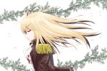  1girl ascot breasts brown_coat buttons closed_eyes coat collar commentary_request epaulettes floating_hair from_side hair_between_eyes highres long_hair magic:_the_gathering medium_breasts shirt solo thalia_guardian_of_thraben tmr_confeit upper_body white_shirt wind 