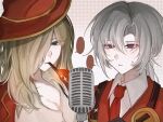  0o_h2so4_xx 1boy 1girl blank_speech_bubble blonde_hair breasts cigar cleavage collared_shirt commentary_request expressionless green_eyes grey_hair hair_over_one_eye highres large_breasts limbus_company lucio_(project_moon) microphone necktie nervous_sweating polka_dot polka_dot_background project_moon purple_eyes recording red_necktie shirt simple_background smoking speech_bubble sweat sweatdrop valencina_(project_moon) white_background 