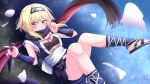  1girl :3 absurdres ankle_lace-up black_scarf blonde_hair blue_kimono blush breasts cleavage closed_mouth commentary_request cosplay dutch_angle eyes_visible_through_hair feet floating_scarf foot_out_of_frame forehead_protector hands_up highres hitachi_mako hitachi_mako_(cosplay) holding holding_kunai holding_weapon japanese_clothes kimono kin-iro_loveriche knees_together_feet_apart kuji-in kunai light_particles long_scarf medium_breasts medium_hair ninja obi panties red_eyes red_scarf sandals sash scarf senren_banka sidelocks simple_background sleeveless sleeveless_kimono smile solo souma_ria split_mouth swept_bangs takamori_natsumi tamamo_(1_tamamo) thighs toenails toes two-sided_fabric two-sided_scarf underwear voice_actor_connection weapon white_panties white_sash 