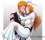  1boy 1girl ^_^ absurdres armor arms_around_neck black_kimono bleach blush breasts carrying center_opening cleavage cleavage_cutout closed_eyes closed_mouth clothing_cutout collarbone collared_shirt commentary couple cowboy_shot english_commentary english_text face-to-face facial_mark feet_out_of_frame forehead grey_background happy hetero highres hole_in_chest hole_on_body horn_of_salvation hug huge_breasts inoue_orihime japanese_clothes juliet_sleeves kimono kurosaki_ichigo long_hair long_skirt long_sleeves midriff navel nose obi orange_hair outline parted_bangs parted_lips princess_carry puffy_sleeves reiichi_543448 sash shirt short_hair shoulder_armor simple_background skirt smile spiked_hair split_mouth toned toned_male torn_clothes torn_kimono u_u v-shaped_eyebrows very_long_hair white_outline white_sash white_shirt white_skirt 