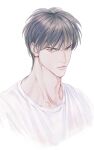  1boy adam's_apple black_hair closed_mouth collarbone cropped_shoulders highres looking_at_viewer male_focus pyogopyogoyum rukawa_kaede shirt short_hair simple_background slam_dunk_(series) solo t-shirt upper_body white_background white_shirt 