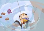  black_boots blue_sky boots brown_hat closed_mouth coin commentary dotr_art fang fish fishing fishing_lure fishing_rod from_below full_body gold_coin goldfish hat highres holding holding_fishing_rod jacket looking_afar meowth no_humans pokemon pokemon_(creature) purple_scarf scarf shorts sky standing tail underwater_shot untranslatable_commentary water whiskers yellow_jacket 