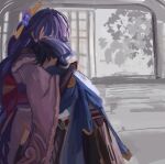  1boy 1girl absurdres alternate_universe arm_at_side armor black_bridal_gauntlets black_hair black_shorts blue_cape blue_hair blunt_bangs blunt_ends braid bridal_gauntlets cape facing_another flower furisode genshin_impact gold_trim hair_flower hair_ornament hand_on_another's_back hand_up height_difference highres hug indoors japanese_armor japanese_clothes kimono kote kurokote leaning_on_person long_hair low-braided_long_hair low-tied_long_hair monochrome_background mother_and_child mother_and_son multicolored_hair obi obijime parent_and_child pink_sash purple_flower purple_hair purple_kimono purple_sash raiden_shogun sash scaramouche_(genshin_impact) scarastar short_kimono shorts side_cape streaked_hair swept_bangs tassel tassel_hair_ornament three-quarter_sleeves wanderer_(genshin_impact) watercolor_effect white_kimono wide_sleeves window 
