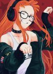  1girl azumya8 bare_shoulders black-framed_eyewear black_choker choker closed_eyes collarbone commentary_request glasses green_jacket grin headphones jacket long_hair off_shoulder official_alternate_costume open_clothes open_jacket orange_hair paw_pose persona persona_5 persona_5:_dancing_star_night red_background sakura_futaba shirt sleeveless sleeveless_shirt smile solo teeth very_long_hair white_shirt zipper 