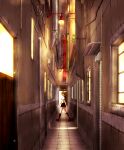  1girl alley black_skirt blonde_hair boots commentary_request from_side full_body highres knee_boots looking_at_viewer necktie night original outdoors pei_(sumurai) red_necktie scenery short_hair skirt 
