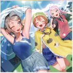  3girls anchor_symbol armpits arms_up barefoot black_shirt blue_eyes blue_skirt blush bow bowtie brown_hair closed_eyes cloud cloudy_sky collarbone competition_swimsuit goggles grey_hair grey_skirt hands_up hoshizora_rin looking_at_another love_live! love_live!_nijigasaki_high_school_idol_club love_live!_school_idol_project love_live!_sunshine!! magazine_scan mananasu multiple_girls neck_ribbon necktie nijigasaki_school_uniform official_art one-piece_swimsuit one_eye_closed open_mouth orange_hair otonokizaka_school_uniform outdoors pink_hair pleated_skirt ponytail ribbon running scan school_uniform shirt short_hair skirt sky smile sweater sweater_vest swim_cap swimsuit thighs third-party_source towel undressing uranohoshi_school_uniform watanabe_you water wavy_hair zhong_lanzhu 