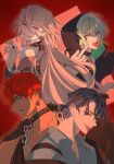  4boys absurdres anientte aqua_hair black_collar black_hair black_jacket black_nails black_shirt blue_eyes blue_hair blue_jacket blue_shirt brown_jacket chain chain_necklace cigarette collar collar_chain_(jewelry) dark-skinned_male dark_skin earrings facial_tattoo fur-trimmed_jacket fur_trim goku_luck_(paradox_live) gold_necklace green_hair headphones highres holding holding_cigarette hood hood_up inukai_yuto jacket jewelry kaida_shion long_hair long_sleeves male_focus middle_finger mikoshiba_kenta multicolored_hair multiple_boys multiple_necklaces nail_polish necklace paradox_live red_background red_eyes red_hair shirt short_hair single_earring sleeveless sleeveless_shirt tattoo tongue tongue_out tosa_ryoga two-tone_hair unbuttoned unbuttoned_shirt very_short_hair white_hair yellow_eyes 