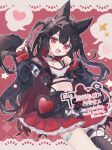  ! !! 1girl :d absurdres ahoge animal_ears bandaid bandaid_on_leg bandaid_on_thigh black_choker black_hair black_jacket black_thighhighs blush choker commentary commission cowboy_shot cropped_jacket cropped_shirt double-parted_bangs frilled_skirt frills hair_between_eyes hair_intakes hands_up highres hisuiyasai jacket long_hair long_sleeves looking_at_viewer nail_polish open_clothes open_jacket open_mouth original outline red_background red_eyes red_nails red_skirt shirt single_thighhigh skeb_commission skirt sleeves_past_wrists smile solo sparkle spoken_exclamation_mark tail teeth thighhighs twitter_username two_side_up upper_teeth_only watermark white_outline white_shirt wolf_ears wolf_girl wolf_tail 