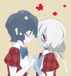  2girls bandaged_arm bandages blue_bow blue_bowtie blue_hair blue_skin blush bow bowtie closed_mouth collared_shirt colored_skin commentary_request grey_hair holding_hands interlocked_fingers jacket koma_kitsune_(kururito) konno_junko long_hair looking_at_another low_twintails mizuno_ai multiple_girls patchwork_skin puffy_short_sleeves puffy_sleeves red_eyes red_jacket shirt short_hair short_sleeves simple_background stitched_face stitches twintails upper_body white_shirt yellow_background yuri zombie zombie_land_saga 
