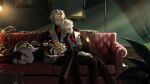  1girl 2boys blonde_hair closed_eyes commentary couch english_commentary female_keeper_(morimens) grey_hair highres indoors leaning_on_person lying male_keeper_(morimens) monocle morimens multiple_boys on_couch on_side prosthesis prosthetic_arm sleeping william_(morimens) zio_444 