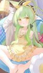  1girl :o absurdres arm_behind_back arm_up bare_legs bare_shoulders barefoot blue_archive blush bow_hairband cardigan chinese_commentary collarbone commentary_request dress feet_out_of_frame green_hair green_halo grey_cardigan hairband halo halterneck highres hikari_(blue_archive) hikari_(kujibikido)_(blue_archive) jacket long_hair long_sleeves looking_at_viewer ningmeng_jing_jing_jing_jing off_shoulder open_clothes open_jacket open_mouth pointy_ears polka_dot_hairband short_dress sidelocks sitting solo spread_legs very_long_hair yellow_dress yellow_eyes yellow_hairband 