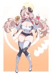  1girl absurdres ahoge alternate_costume black_horns black_shorts blue_archive boots breasts burger cleavage cleavage_cutout clothing_cutout commentary_request cup curled_horns curvy demon_horns food gehenna_academy_logo hair_on_horn halo highleg highleg_leotard highres holding holding_burger holding_cup holding_food horns hr.r izumi_(blue_archive) jacket knee_boots large_breasts leotard long_hair low_twintails multicolored_leotard open_clothes open_jacket race_queen red_halo short_shorts shorts smile solo thighhighs twintails two-tone_leotard white_jacket white_shorts yellow_halo 