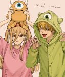  1boy 1girl absurdres arms_up blonde_hair blush buttons chainsaw_man claw_pose commentary cross-shaped_pupils demon_girl demon_horns denji_(chainsaw_man) fingernails hair_between_eyes highres holding holding_stuffed_toy hood hood_up horns long_hair mekill215280 pink_shirt power_(chainsaw_man) shirt short_hair simple_background stuffed_toy symbol-shaped_pupils t-shirt tongue tongue_out translation_request twintails upper_body 
