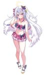  1girl absurdres angel_wings azusa_(blue_archive) azusa_(swimsuit)_(blue_archive) bare_shoulders bead_necklace beads bikini bikini_skirt blue_archive blush bow bow_on_wing breasts cleavage closed_mouth collarbone commentary crescent_halo crossed_bangs feathered_wings flower food-themed_hair_ornament frills full_body groin hair_between_eyes hair_flower hair_ornament halo highres jewelry kawtorikomi light_blush long_hair navel necklace official_alternate_costume orange_hair_ornament pink_bikini purple_eyes purple_flower ribbon-trimmed_bikini ribbon_trim ruffle_bikini sandals simple_background small_breasts solo standing stomach strapless strapless_bikini swimsuit watermelon_hair_ornament white_background white_hair white_wings winged_halo wings yellow_halo 