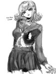  1girl absurdres alternate_costume character_name commentary_request danganronpa_(series) danganronpa_2:_goodbye_despair flipped_hair greyscale hair_ornament highres long_sleeves medium_hair miniskirt monochrome nanami_chiaki neckerchief nelt pleated_skirt sailor_collar school_uniform serafuku simple_background skirt solo white_background 