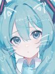  1girl absurdres animal_ears aqua_eyes aqua_hair aqua_necktie cat_ears close-up closed_mouth commentary_request dot_nose drawn_ears drawn_whiskers hair_between_eyes hair_intakes hair_ornament hatsune_miku heart highres light_blush long_hair looking_at_viewer necktie new_syain sidelocks solo sparkle translation_request twintails vocaloid whiskers white_background wing_collar 