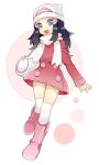  1girl bag black_hair blue_eyes boots dawn_(pokemon) hat kneehighs long_hair open_mouth pink_footwear pokemon pokemon_(game) pokemon_dppt sakuraihum scarf socks solo white_background white_bag white_headwear white_scarf white_socks 