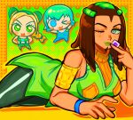  3girls :3 armband blonde_hair blue_eyes blue_overalls blush_stickers bracelet braid breasts brown_hair chibi chibi_inset commentary cone_hair_bun double_bun dreadlocks english_commentary ermes_costello facepaint foo_fighters_(jojo) green_eyes green_hair green_lips green_pants green_vest grey_eyes hair_bun highres holding_sticker jewelry jojo_no_kimyou_na_bouken kujo_jolyne large_breasts long_hair looking_at_viewer lying makeup muajtm multicolored_hair multiple_girls on_side one_eye_closed orange_sweater overalls pants ribbed_sweater smile sticker stone_ocean sweater turtleneck turtleneck_sweater two-tone_hair vest yellow_armband 