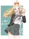  1girl aisaka_koko arm_behind_back black_jacket blazer blonde_hair blue_bow blue_bowtie blush bow bowtie cinderella_series commentary_request floating_hair hachigatsu_no_cinderella_nine hair_bow highres jacket long_hair open_clothes open_jacket open_mouth orange_bow orange_hair plaid_clothes plaid_skirt renta_kita satogahama_school_uniform school_uniform shirt skirt solo teeth translation_request white_shirt 