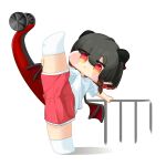  1girl absurdres black_hair black_tail black_wings blush_stickers braid chibi chibi_only closed_mouth colored_inner_hair commentary_request dragon_girl dragon_horns dragon_tail dragon_wings dumbbell gradient_eyes highres holding_own_leg horns invisible_floor korean_commentary leets_(trickcal) leg_up looking_at_viewer multicolored_eyes multicolored_hair pink_shorts red_eyes red_hair red_streaks red_tail red_wings shirt short_eyebrows short_hair shorts side_braid simple_background socks solo spawnge2009 split standing standing_on_one_leg standing_split streaked_hair stretching t-shirt tail trickcal two-tone_hair two-tone_tail two-tone_wings white_background white_shirt white_socks wings yellow_eyes 