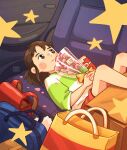  1girl artist_name bag blue_bag blush_stickers bouquet box brown_eyes brown_hair car_interior cardboard_box feet_out_of_frame flower green_shirt highres holding holding_bouquet kaaileen lying ogino_chihiro on_back pink_flower red_bag red_shorts sen_to_chihiro_no_kamikakushi shirt shorts solo star_(symbol) striped_clothes striped_shirt two-tone_shirt white_shirt yellow_bag 