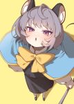  1girl absurdres animal_ear_fluff animal_ears black_skirt black_vest blue_capelet blush bow bowtie capelet commentary dowsing_rod grey_hair highres jewelry long_sleeves looking_at_viewer medium_hair mouse_ears mouse_girl mouse_tail nazrin necklace open_mouth pendant pink_eyes shirt simple_background skirt solo sumiyama_sui tail touhou vest white_shirt yellow_background yellow_bow yellow_bowtie 