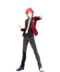  1boy ahoge black_pants clenched_hands collared_shirt full_body highres idolmaster idolmaster_side-m idolmaster_side-m_growing_stars long_sleeves looking_at_viewer male_focus necktie official_art outstretched_hand pants red_eyes red_hair shirt shoes smile solo teeth tendo_teru transparent_background 