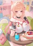  1girl absurdres animal_ear_fluff animal_ears bare_shoulders black_choker black_gloves black_skirt blush bone bone_print book bra bra_strap bra_visible_through_clothes breast_rest breasts breasts_on_table button_gap buttons cake cake_slice cherry choker cleavage collarbone commentary_request crop_top crumbs cup cushion dessert dian_guojiang drinking_straw earrings extra_ears fingerless_gloves food fruit gloves hair_intakes hair_ornament hairclip hands_up highres indoors jewelry large_breasts long_hair looking_at_viewer mat mia_skye miniskirt multicolored_hair nail_polish napkin necktie on_cushion open_mouth paw_print picture_frame pillow pink_bra pink_eyes pink_hair pink_nails pink_necktie pink_streaks plate pleated_skirt poster_(object) pouch round_table shelf sidelocks sitting skirt smile snowbreak:_containment_zone solo star_(symbol) strawberry strawberry_shortcake streaked_hair table teeth thighs underwear upper_teeth_only very_long_hair 