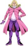  1boy anime_coloring argyle_clothes argyle_gloves blonde_hair blue_eyes coat curly_hair double_chin fat fat_man full_body funny_valentine funny_valentine_(fat) gloves hand_on_own_hip highres jojo_no_kimyou_na_bouken key_visual knee_pads long_coat long_hair male_focus official_art official_style pants pink_coat promotional_art purple_gloves purple_pants shirt solo standing steel_ball_run transparent_background tsumagari_daisuke white_shirt 