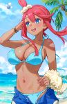  1girl bare_shoulders beach bikini blue_bikini blue_eyes blue_shorts blue_sky blush breasts collarbone commentary highres jumpluff large_breasts navel ocean one_side_up open_mouth outdoors paid_reward_available pokemon pokemon_(creature) pokemon_masters_ex red_hair shorts sidelocks sky skyla_(pokemon) skyla_(summer_2025)_(pokemon) smile stomach swimsuit teeth upper_teeth_only water wet yomizu_(rdad3278) 