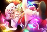  1girl apple ascot blonde_hair brown_shoes collared_shirt commentary_request crystal crystal_wings flandre_scarlet food frilled_shirt_collar frilled_skirt frills fruit hat hat_ribbon holding holding_food holding_fruit looking_at_viewer mob_cap multicolored_wings one_side_up open_mouth puffy_short_sleeves puffy_sleeves red_eyes red_skirt red_vest ribbon shirt shoes short_sleeves skirt skirt_set smile socks solo touhou vest white_hat white_shirt white_socks wings yellow_ascot yucchan_(drizzle_star) 