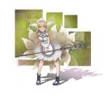  1girl absurdres animal_ear_fluff animal_ears apron arknights bare_shoulders black_gloves black_shoes blonde_hair blue_hairband braid braided_hair_rings burnt_clothes child commentary_request fox_ears fox_girl fox_tail frills full_body gloves green_eyes grey_pantyhose grey_skirt hair_rings hairband highres holding holding_staff infection_monitor_(arknights) kitsune kyuubi looking_at_viewer material_growth momo_ranx multicolored_hair multiple_tails open_mouth oripathy_lesion_(arknights) pantyhose petticoat pouch shoes short_hair single_glove single_wrist_cuff skirt smile solo staff standing suzuran_(arknights) tail waist_apron white_apron white_hair wrist_cuffs 