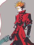  1boy blonde_hair blue_eyes coat commentary earrings gun high_collar highres jewelry ke_ziran_wu mole mole_under_eye orange-tinted_eyewear prosthesis prosthetic_arm red_coat revolver round_eyewear single_earring solo spiked_hair tinted_eyewear trigun vash_the_stampede weapon 