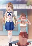  2girls blonde_hair blue_skirt breasts brown_hair commentary_request crying dress highres kneeling long_hair long_skirt multiple_girls nibun_no_inochi purple_eyes ribbon school_uniform serafuku shirt skirt socks standing tomose_shunsaku white_shirt white_socks 