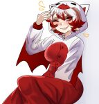  1girl ;) absurdres arm_up bat_wings blush breasts buttons closed_mouth commentary english_commentary eyeliner fang fang_out highres hood hood_up hooded_pajamas large_breasts looking_at_viewer makeup multicolored_hair notice_lines one_eye_closed onesie pajamas pointy_ears red_eyes red_hair short_hair simple_background sinthya_sanguine sinthyasanguine sitting smile solo two-tone_hair vallure virtual_youtuber white_background white_hair wings 