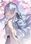 1girl ^_^ absurdres bang_dream! bang_dream!_it's_mygo!!!!! black_ribbon blue_hair cherry_blossoms chinese_commentary closed_eyes commentary_request cowboy_shot day facing_viewer floating_hair from_side grey_skirt hair_ribbon hand_up highres kanvien long_hair long_sleeves open_mouth outdoors ribbon shirt sidelocks skirt sky smile solo togawa_sakiko two_side_up white_shirt 