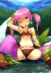  1girl :d ;d armlet bikini breasts brown_bikini commentary_request dancer_(sekaiju) dancer_2_(sekaiju) earrings gold_armlet gold_bracer green_eyes hand_on_own_head head_tilt highres jewelry leaf looking_at_viewer navel one_eye_closed open_mouth outdoors pants pink_hair purple_pants sekaiju_no_meikyuu sekaiju_no_meikyuu_4 sitting small_breasts smile solo swimsuit twintails usuki_(graygreed) water 